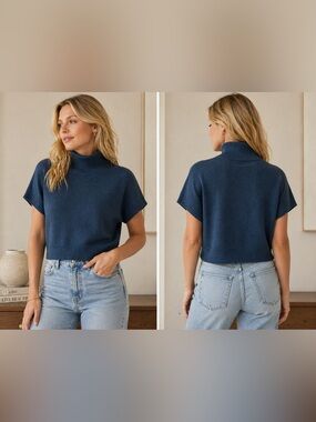 Anthropologie Women XS Blue Knit Pullover Sweater Short Sleeve Turtleneck Modern